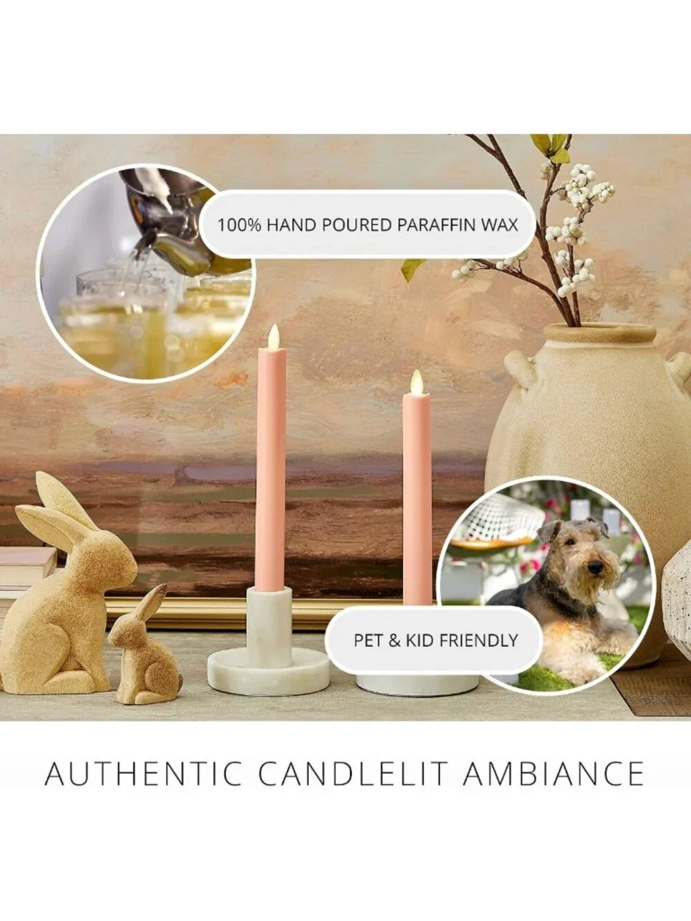 Set of 2 Flameless Taper Candles, LED Flickering Flame, Safe for Kids & Pets